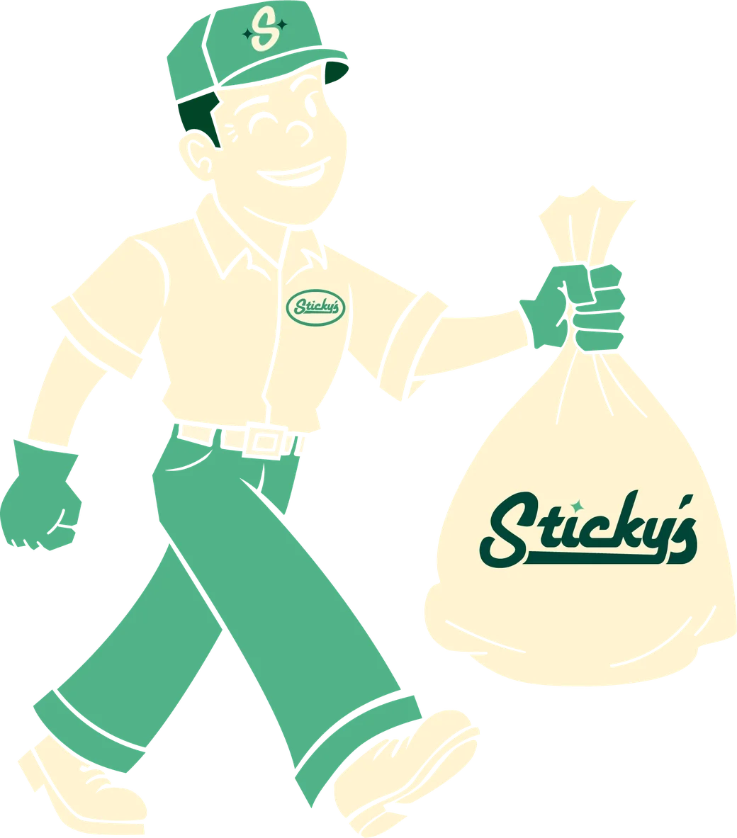 Sticky’s mascot, a smiling uniformed valet in a cap, carrying a Sticky’s trash bag