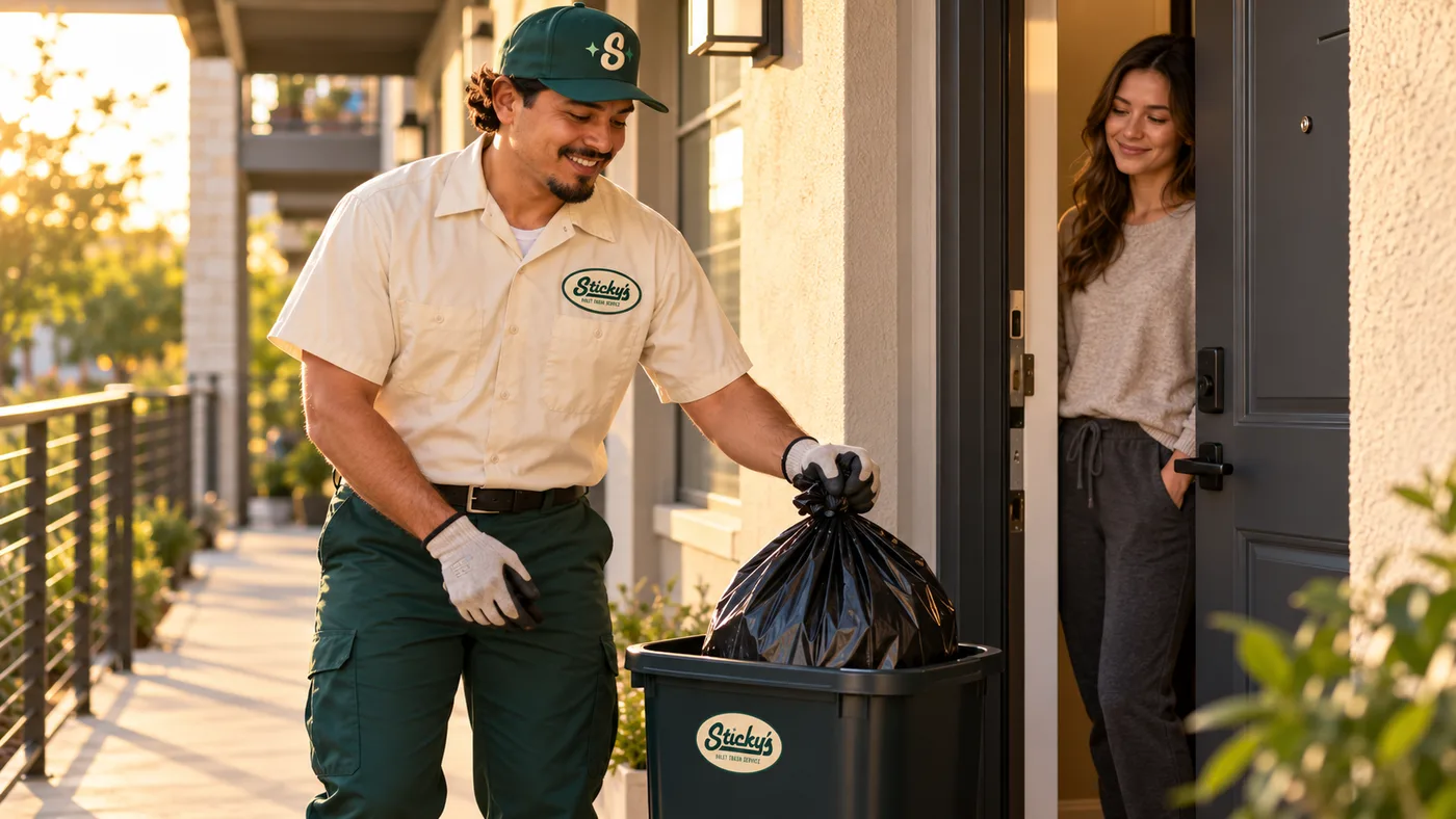 A Sticky’s crew member collecting a bagged trash set-out from a resident’s doorstep bin