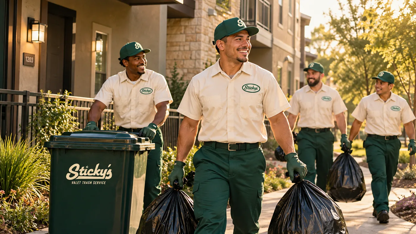 The Sticky’s crew walking through an apartment community carrying trash bags and a rolling bin