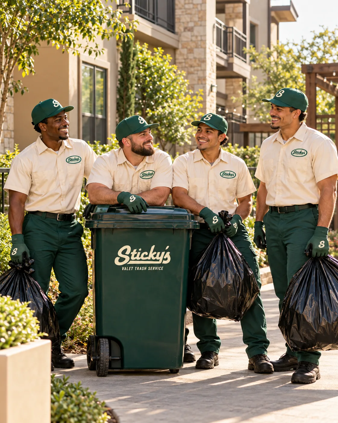Four uniformed Sticky’s crew members gathered around a branded Sticky’s rolling bin at an apartment community