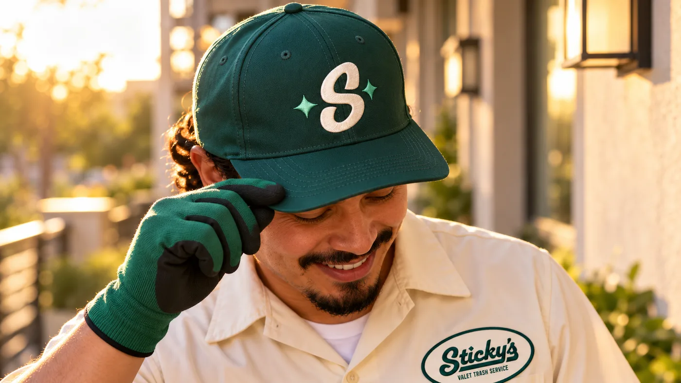 Close-up of a Sticky’s crew member’s cap with the S logo, shirt patch, and work glove